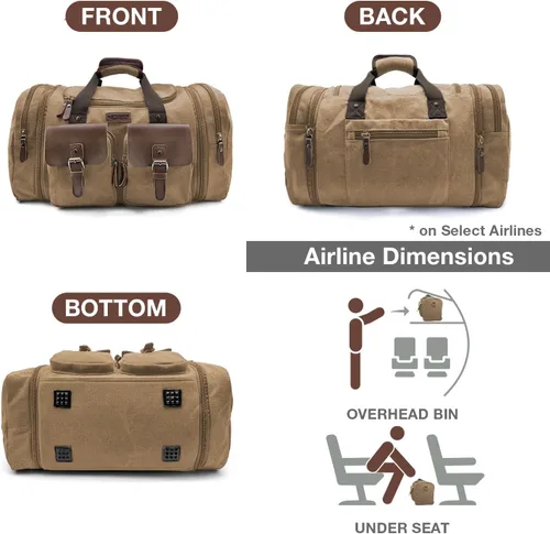 Vista 4 de Wildroad Bolsa de lona de viaje de 50 litros, bolsa de lona expandible de cuero genuino mejorada para el fin de semana durante la noche, Café