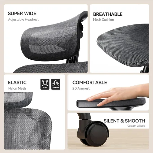 Vista 3 de NOBLEWELL Silla de oficina ergonómica de malla con ajuste flexible, soporte lumbar, silla de computadora de escritorio con respaldo alto