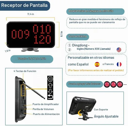 Vista 3 de Sistema inalámbrico de llamada de camarero con 1 pantalla de número/3 localizadores de relojes/20 botones de llamada de mesa impermeables, 1