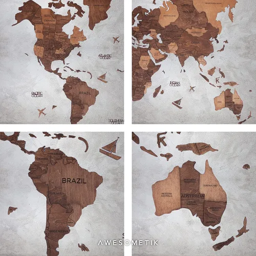 Vista 6 de AWESOMETIK Mapa del mundo de madera 3D de roble, mapa del mundo 3D, fácil instalación con cinta de doble cara, incluye complementos, madera