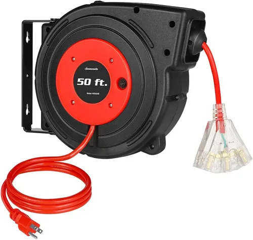 Vista 10 de DEWENWILS - Carrete de cable de extensión retráctil, cable de alimentación resistente de 50 pies, 14/3AWG SJTOW, tomas triples iluminadas, disyuntor