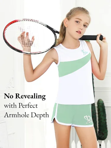 Vista 3 de Girls Shorts Sets Kids Summer 2 Piece Outfits Clothes Tennis Running Tank Top Shirts Dolphin Shorts