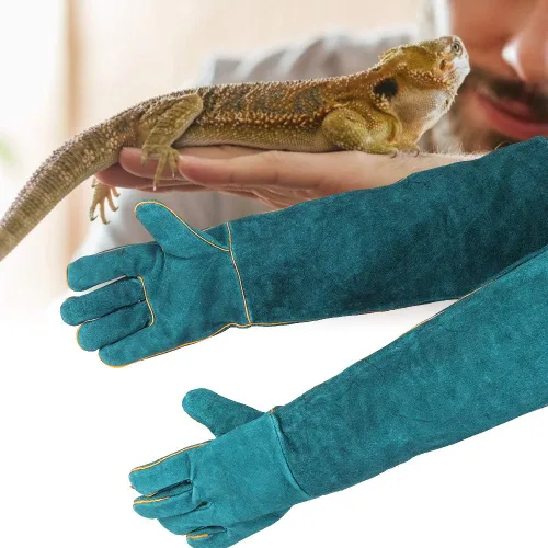 Vista 5 de Guantes antimordeduras, lona azul para entrenamiento de reptiles para mascotas, antimordeduras, alargan, guantes de protección de seguridad