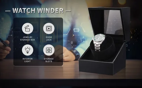 Vista 9 de Bobinadora de reloj para relojes automáticos individuales con motores silenciosos, pintura de piano por adaptador de CA o batería