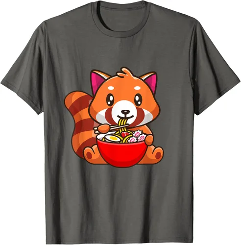 Vista 51 de Camiseta Kawaii Anime Red Panda Eating Ramen Noodles, Negro, S