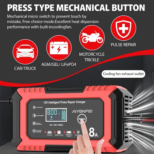 Vista 4 de Cargador de batería de coche 12V 8-Amp Smart Trickle Charger completamente automático Rojo