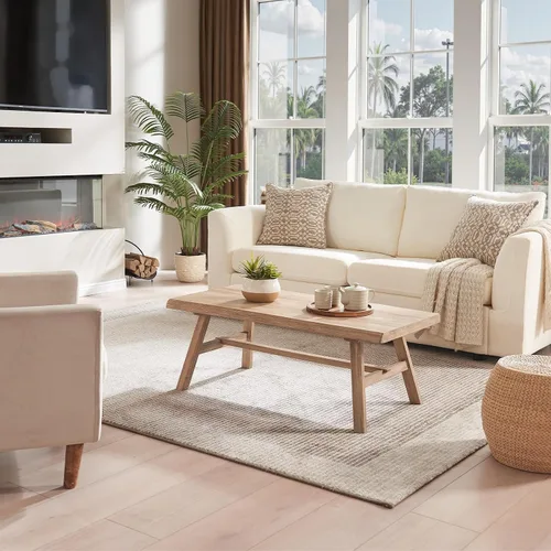 Vista 3 de Wnutrees - Mesa de café de 43" de madera maciza estilo casa de campo, mesa central rústica rectangular para sala de estar, natural