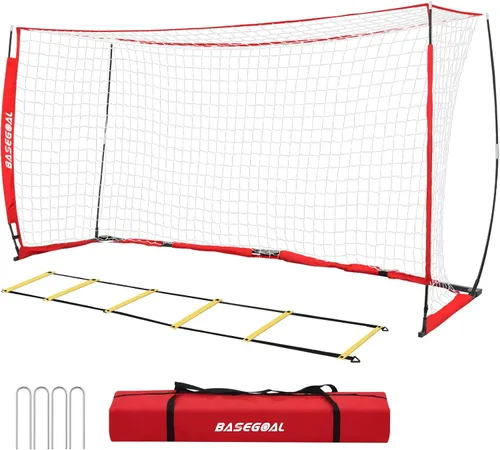 Vista 9 de BaseGoal Portería de Fútbol, Red de Fútbol, Porterías de Fútbol para Patio Trasero, con Marco de Lazo, Base Metálica Plegable y Escalera de Agilidad