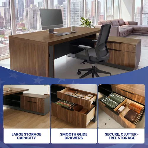 Vista 3 de OfficeSimpli - Escritorio ejecutivo en forma de L con cajones, 64 x 63 x 30 pulgadas, fabricado en Estados Unidos, envío mayormente ensamblado
