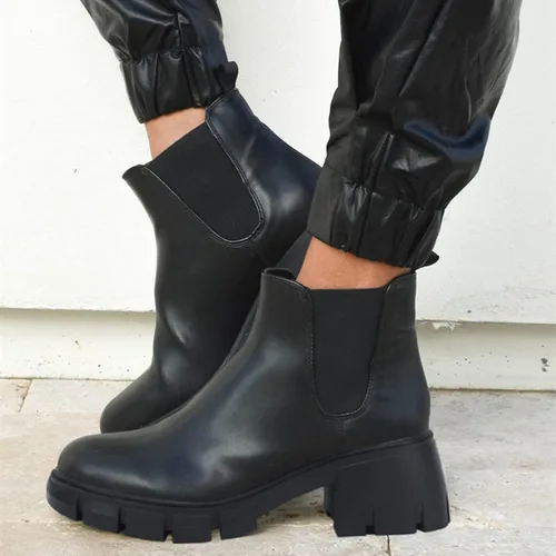 Vista 6 de Botas de estilo botas de combate de cuero y con plataforma y tacón grueso, tipo Chelsea, para mujer, hasta el tobillo