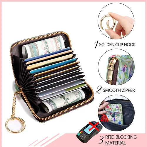 Vista 4 de Cartera RFID, tarjetero para mujer, cartera pequeña con ranuras para tarjetas, tarjetero de cuero RFID, tarjetero con llavero para tarjetas