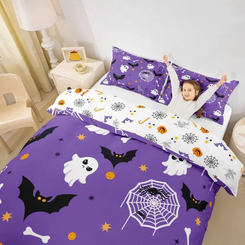 Vista 3 de Juego de ropa de cama de Halloween, funda de edredón gótica de murciélagos negros con telarañas, funda de edredón individual, diseño de arañas