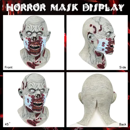 Vista 4 de Máscara de zombi aterradora de Halloween, máscara doble de sangre