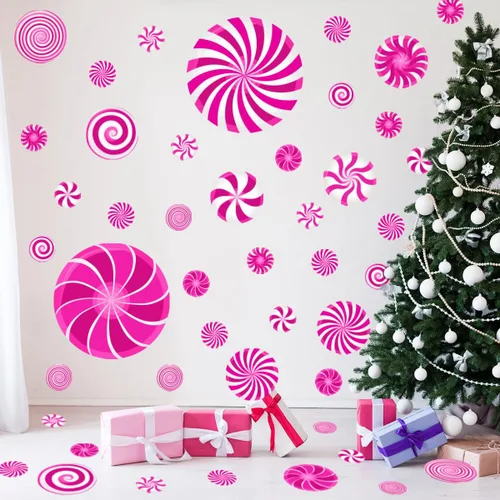Vista 10 de 77 PCS Calcomanías de Pared de Dulces de Navidad Decoraciones Calcomanías de Pared de Navidad Calcomanías de Piso de Caramelo de Menta para Rojo
