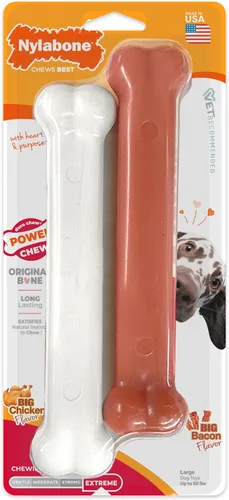 Vista 21 de Nylabone Power Chew Juguete masticable duradero con sabor, para perros extrapequeños, para masticadores agresivos, indestructibles, sabor tocino