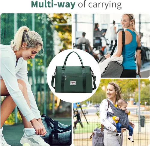Vista 6 de FIORETTO Bolsa de viaje para fin de semana, bolsas de noche con bolsa de transporte para mujer, Verde oscuro