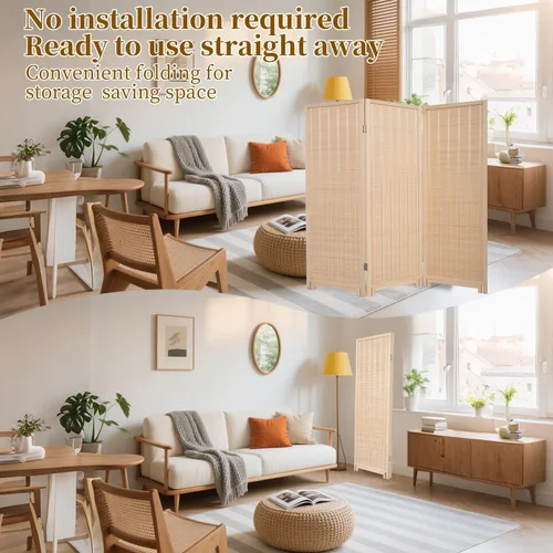 Vista 4 de Panel divisor de habitación de bambú con patas giratorias de 360°, 3 paneles de 47 pulgadas de alto, pantalla de privacidad plegable corta