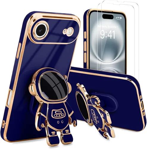 Vista 10 de Pepmune - Funda para iPhone 15 con soporte de astronauta 3D, color negro [2 Screen Protector], Luxury Electroplated Soft TPU Cover with Kickstand