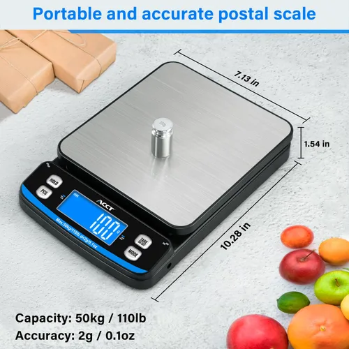 Vista 2 de Báscula postal de 110 lb - Báscula de envío de alta precisión con tara Funciones de recuento y retención, 5 unidades, opciones de alimentación
