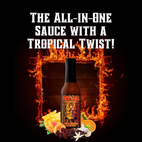 Vista 6 de Hellfire Hot Sauce Ritual Habitual - Salsa picante gourmet a base de frutas con sabores tropicales y curry, 5 onzas