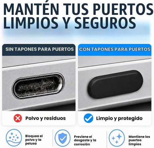 Vista 2 de Tapones antipolvo USB C, paquete de 10 con cepillo de limpieza, cubiertas Negro