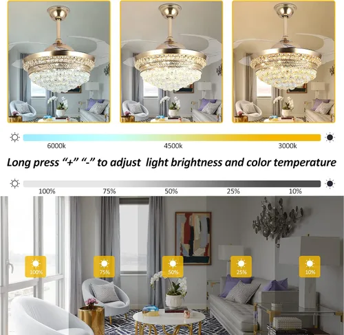 Vista 3 de Lámpara de techo invisible de 42 pulgadas con luz, ventilador de techo de cristal moderno, control remoto, 4 aspas retráctiles de ABS para Dorado