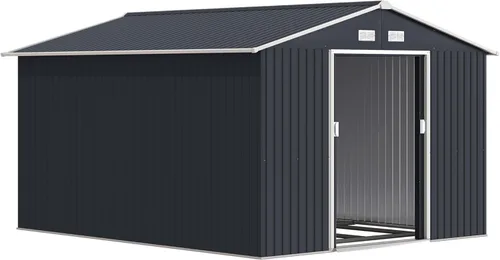 Vista 29 de Outsunny Cobertizo de almacenamiento exterior de 11' x 13', cobertizo de metal para herramientas de jardín con kit de cimentación, puerta con doble