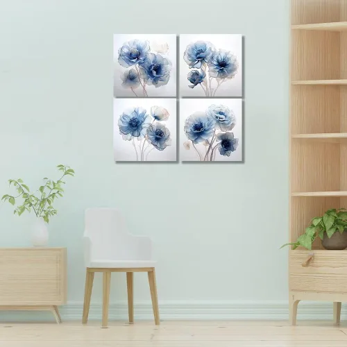 Vista 76 de Wall HDQ Arte de pared de flores para baño, dormitorio, sala de estar, decoración de pared azul y naranja, pintura floral, lienzo impreso, imagen