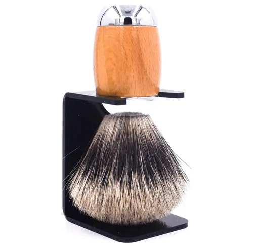 Vista 2 de Taconic Shave Cepillo de afeitar de lujo 100% de tejón puro de 3 bandas con madera de haya de lujo y mango cromado, soporte de afeitado incluido