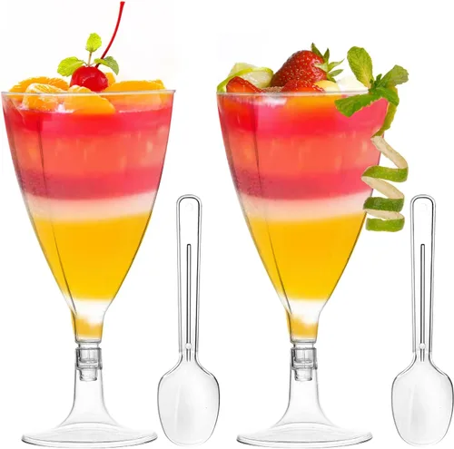 Vista 4 de Foraineam Paquete de 100 tazas transparentes de postre con cucharas, copas de vino de plástico, copas de champán de plástico de 7 onzas, copas