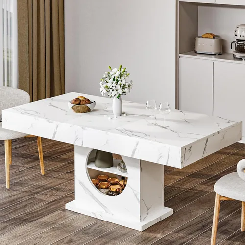 Vista 3 de Mesa de comedor de 55 pulgadas para 4 a 6 personas, mesa de comedor de madera de granja con cajones y almacenamiento abierto para cocina, comedor