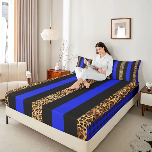 Vista 2 de Manfei Leopard Print Fitted Sheet Twin Size,Blue Brown Black Stripes Bedding Set 2pcs,Wild Animal Cheetah Skin Bed Sheets with 1 Pillowcase,Kids