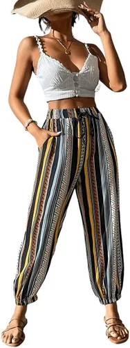 Vista 6 de SweatyRocks Pantalones bohemios de cintura alta elástica con lazo frontal a rayas con bolsillo para mujer