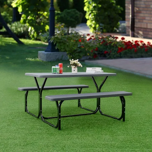 Vista 2 de GYMAX Mesa de Picnic, Banco de Picnic Fácil de Montar con Tablero de Grano de Madera Resistente a Cualquier Clima y Marco de Metal, Mesas de Picnic