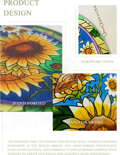 Vista 3 de XLAN Atrapasoles ovalados de girasol, colgantes de vitral, colgante decorativo de atrapasoles, decoración hecha a mano, regalos para familiares