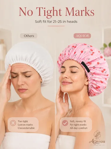 Vista 5 de Aquior Gorro de ducha para mujer, extra ajustable, doble capa, impermeable, reutilizable, gorra de pelo de tamaño grande para todo el cabello