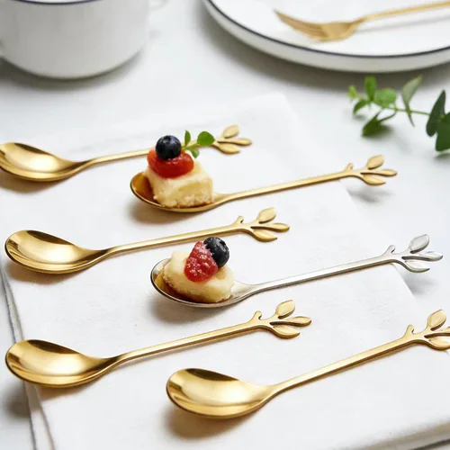Vista 8 de 20 cucharas de café de hojas, cucharaditas de acero inoxidable dorado y plateado con mango de hojas para té helado, café, postre