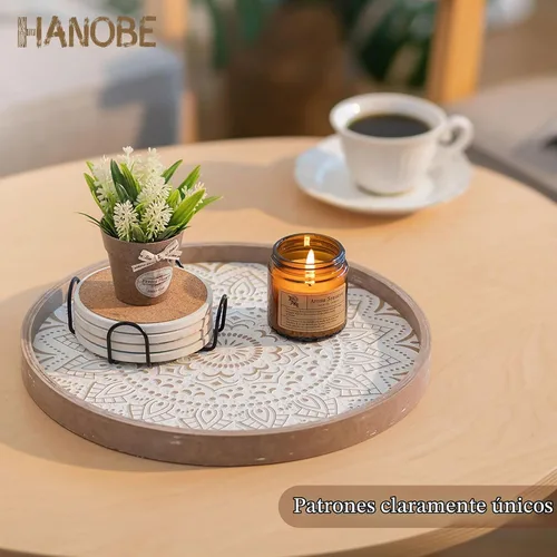 Vista 8 de Hanobe Bandeja Decorativa para Mesa de Café: Bandejas Redondas de Madera para Decoración Bohemia del Hogar, Centro de Mesa Rústico de Granja de 12