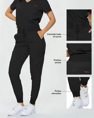 Vista 5 de Monarch Uniforms Slim Fit Stretchy Scrubs Women's Jogger Scrub Set Slim Jogger Scrubs with Tuck-In Top for Women Negro