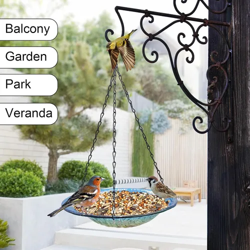 Vista 6 de Baño colgante para pájaros, de cristal al aire libre, comedero para pájaros con patrón de textura azul-naranja para decoración de jardín y patio