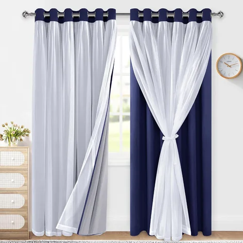 Vista 17 de XWZO Cortinas 100% opacas de doble capa para guardería, cortinas opacas con superposición transparente para dormitorio de niñas, cortinas