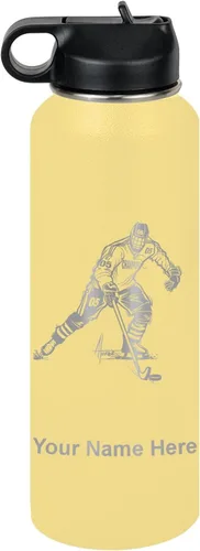 Vista 70 de LaserGram Botella de agua personalizada, jugador de hockey, acero inoxidable de doble pared aislada al vacío con popote superior, regalo grabado