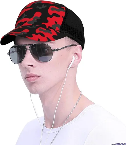 Vista 5 de Gorra de béisbol de malla para hombre, diseño de camuflaje, color rojo y camuflaje, Negro