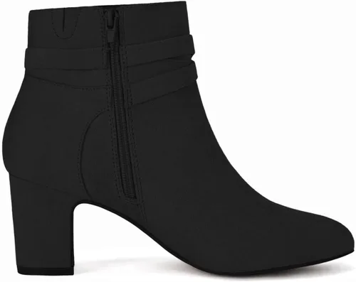 Vista 6 de Botas de tobillo para mujer, tacón grueso, punta redonda, hebilla multicorrea, cremallera lateral, botines de otoño, zapatos de vestir