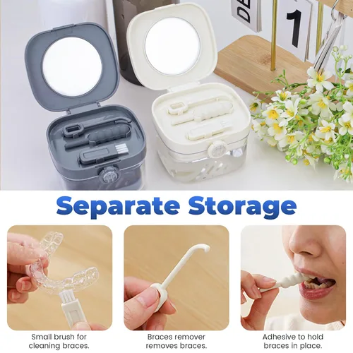 Vista 6 de Estuche de retención 2 en 1, funda limpiadora de alineadores de baño para dentadura, soporte, contenedor, organizador, taza de dentadura con espejo