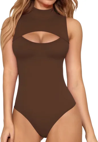 Vista 22 de MANGOPOP - Body de cuello alto con recorte frontal para mujer, manga larga, sin mangas, cuello de tortuga, trajes sexys 01 Manga larga negra