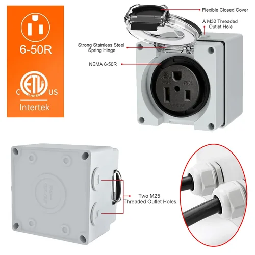 Vista 2 de Caja de toma de corriente de 50 amperios, NEMA 6-50R, receptáculo de soldador EV de 250 voltios Heavy Duty, Outdoor Weatherproof, with Waterproof