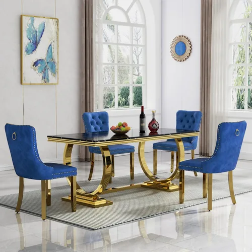 Vista 66 de HomVent Juego de mesa de comedor moderna de mármol sintético para 4 personas, mesa de cocina rectangular con 4 sillas beige (dorado)