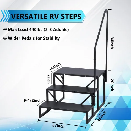Vista 2 de Towallmark RV 3 escalones con pasamanos, peldaños de metal para bañera de hidromasaje, escaleras portátiles para RV, escaleras de casa móvil