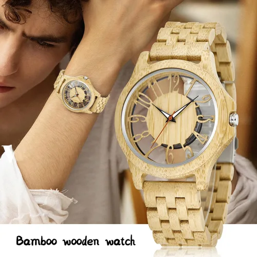 Vista 6 de Relojes de madera para hombre, reloj de cuarzo de madera de cebra ébano, cierre plegable, correa de madera, relojes de madera para hombre